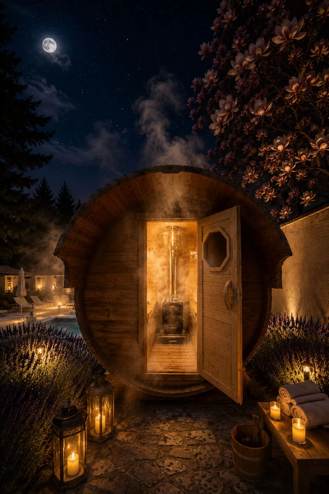 Bure-sauna noću među rascvetalim drvećem